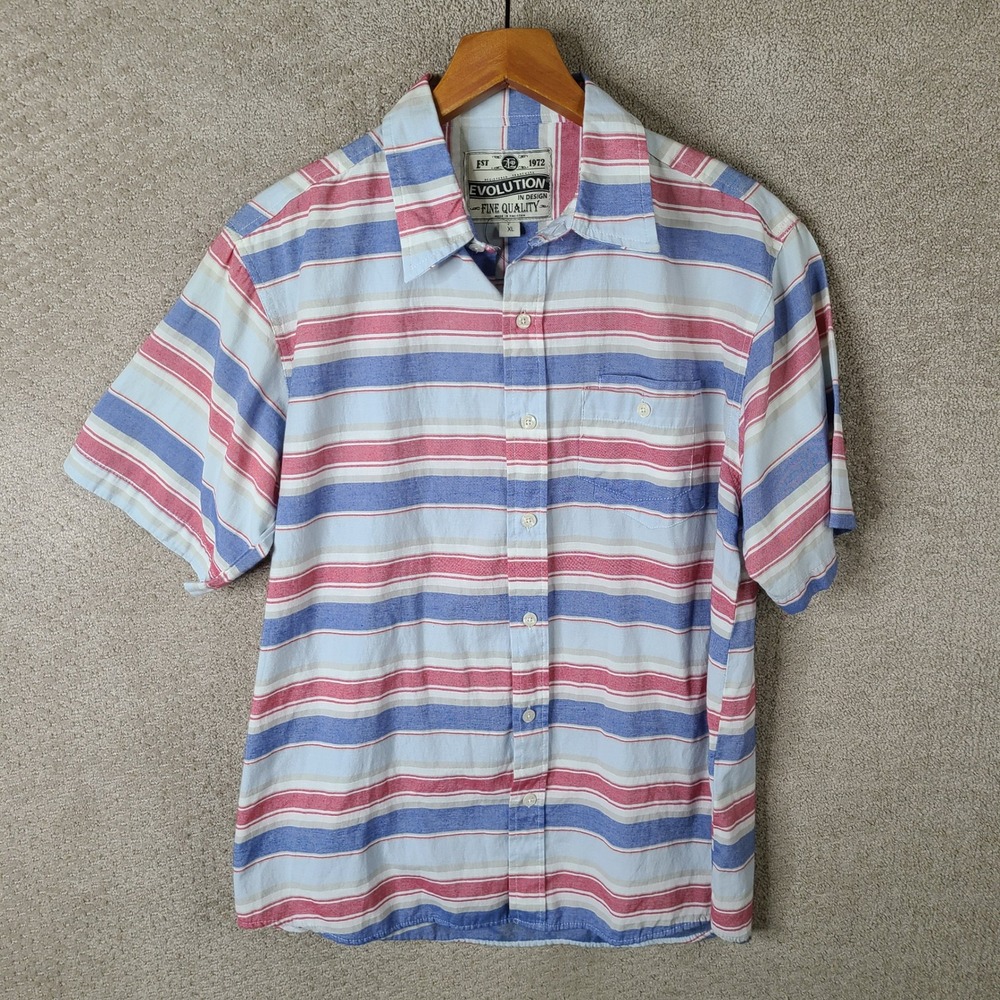 Evolution Shirt Mens XL‎ Blue Red Striped Button Down Cotton Blend Short Sleeve